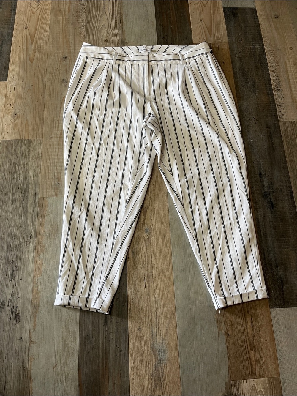 Calvin Klein White Trousers Black Pinstripes Sz 16W Career Business Chic